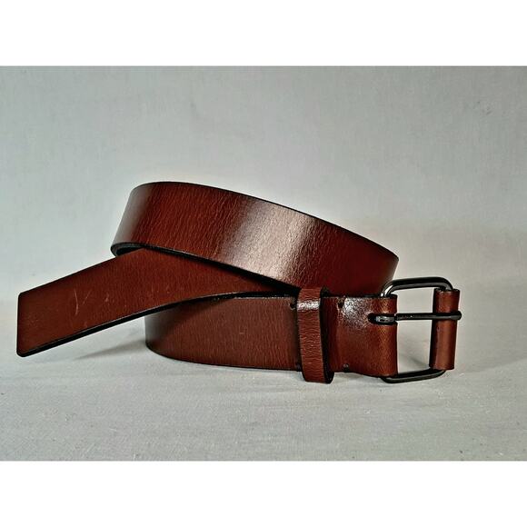 Heavy Leather Belt 34 Waist Off Center Pin And Punch Holes Caramel Brown - Picture 6 of 12